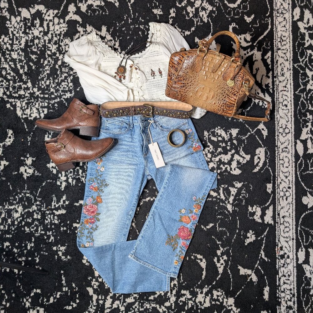 DRIFTWOOD Blue Embroidered Floral Boot Cut Jeans